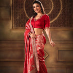 Red Brocade Banarasi Silk Sarees with Hand Embroidered Work - Side