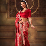 Red Brocade Banarasi Silk Sarees with Hand Embroidered Work - Side