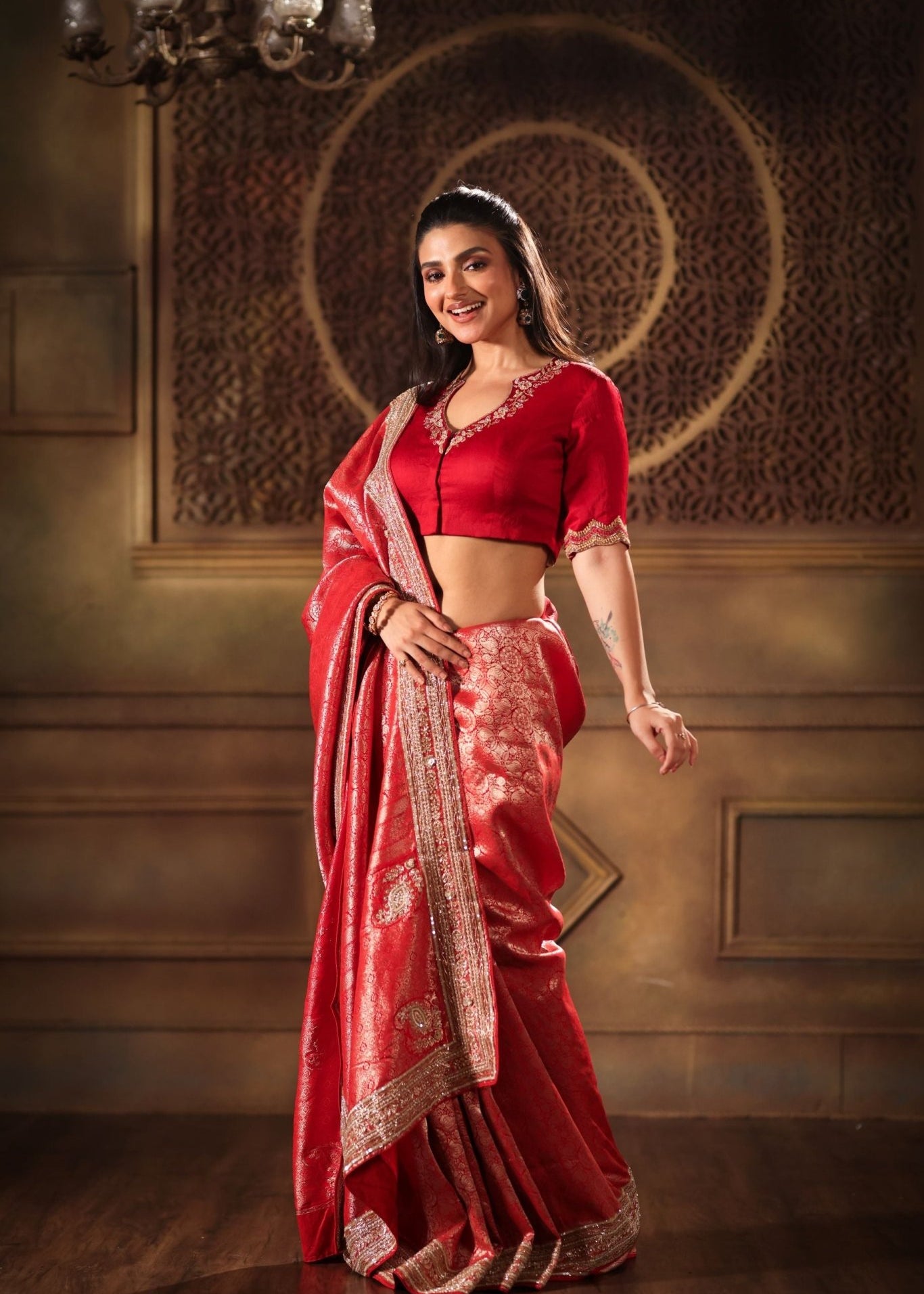 Red Brocade Banarasi Silk Sarees with Hand Embroidered Work - Side