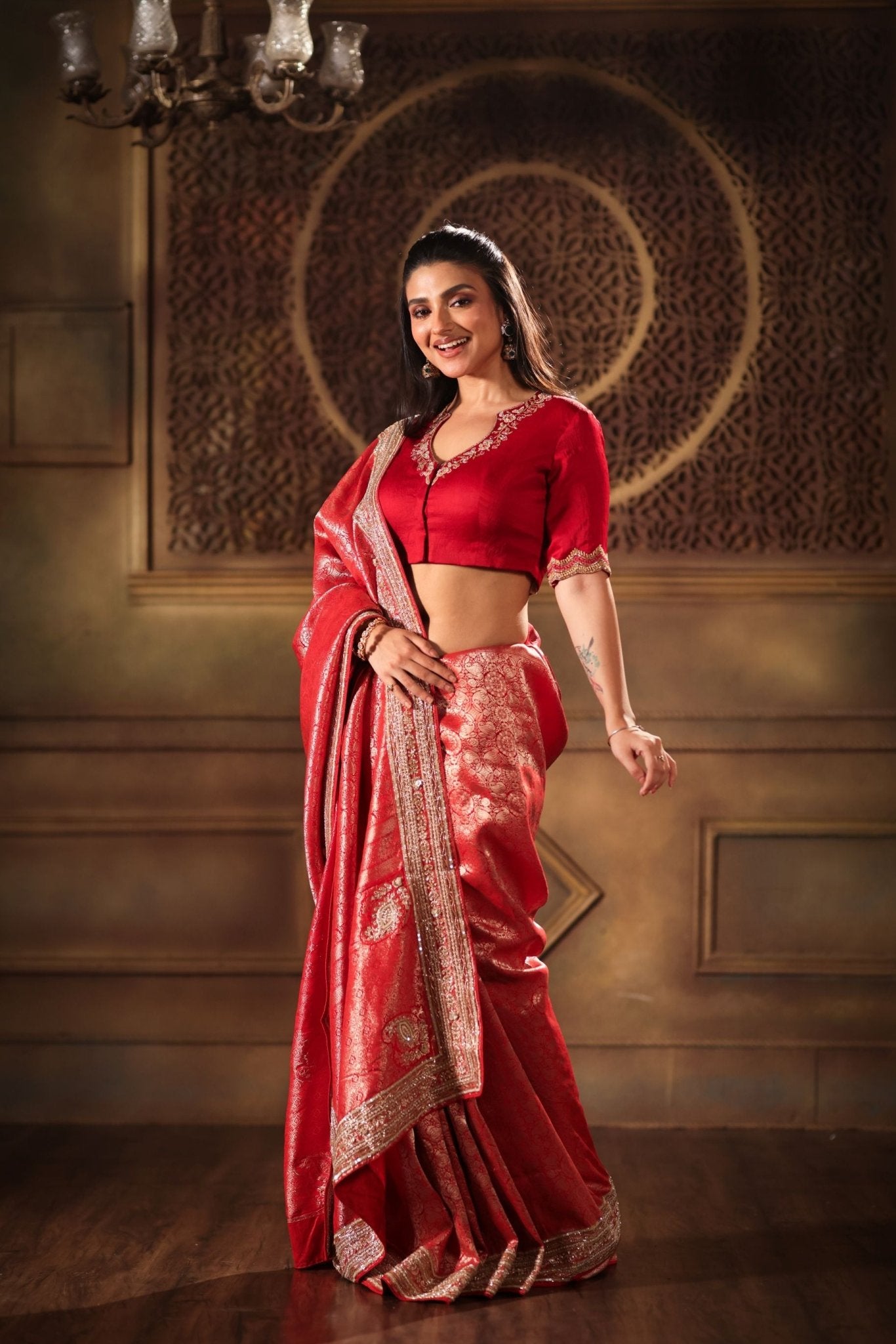 Red Brocade Banarasi Silk Sarees with Hand Embroidered Work - Side