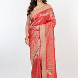 Red Brocade Banarasi Silk Sarees with Hand Embroidered Work - Anvi Couture