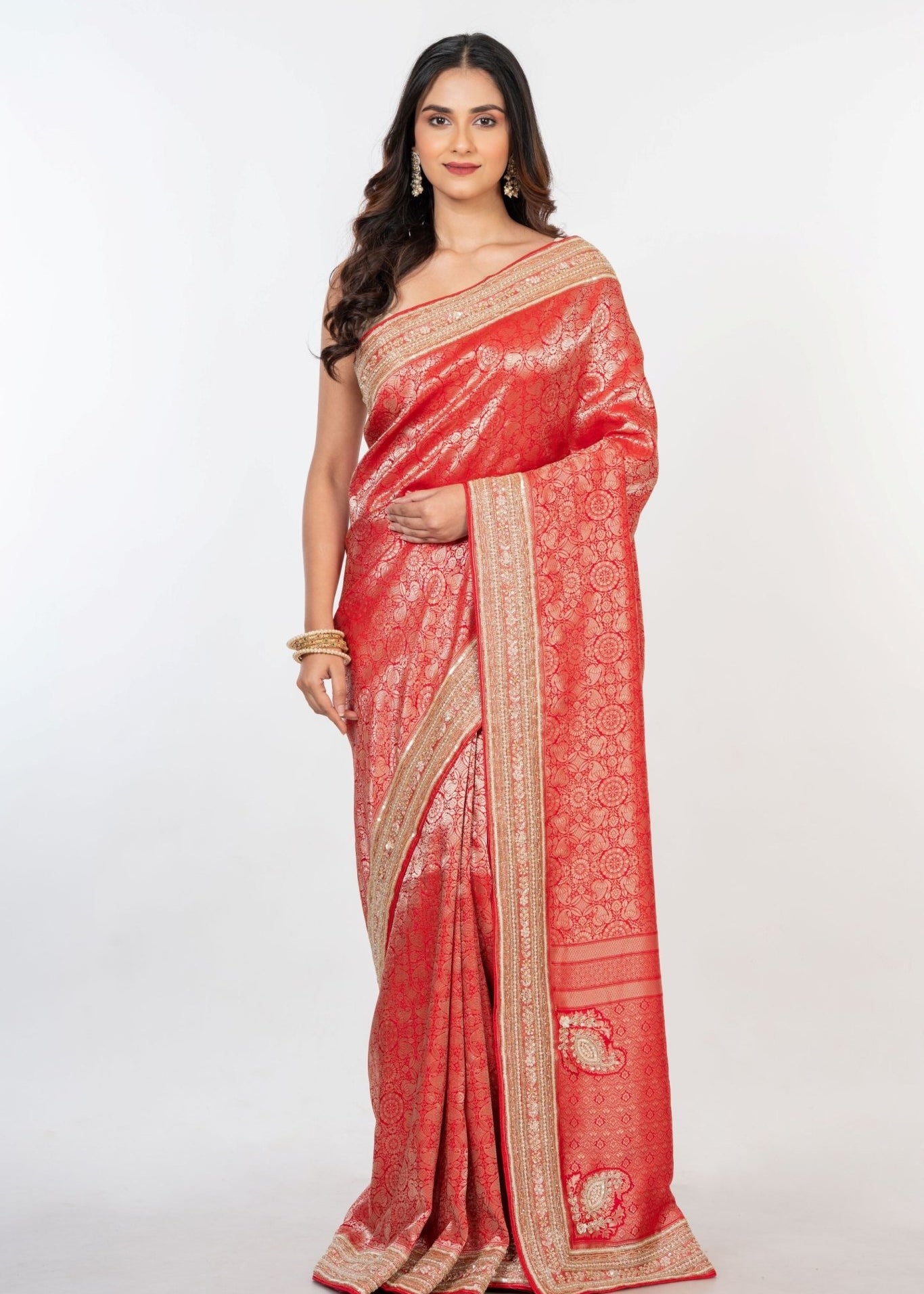 Red Brocade Banarasi Silk Sarees with Hand Embroidered Work - Anvi Couture