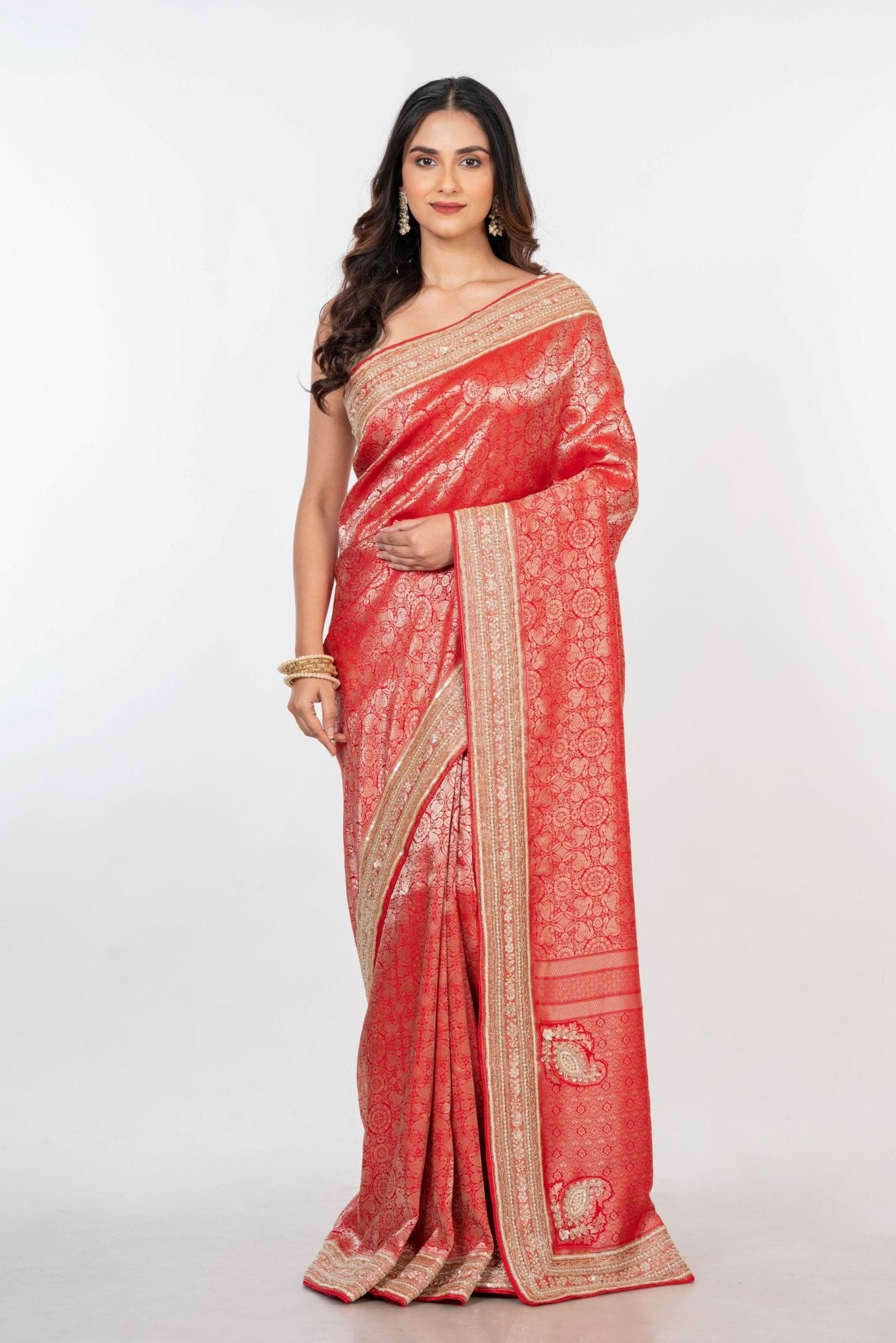 Red Brocade Banarasi Silk Sarees with Hand Embroidered Work - Anvi Couture
