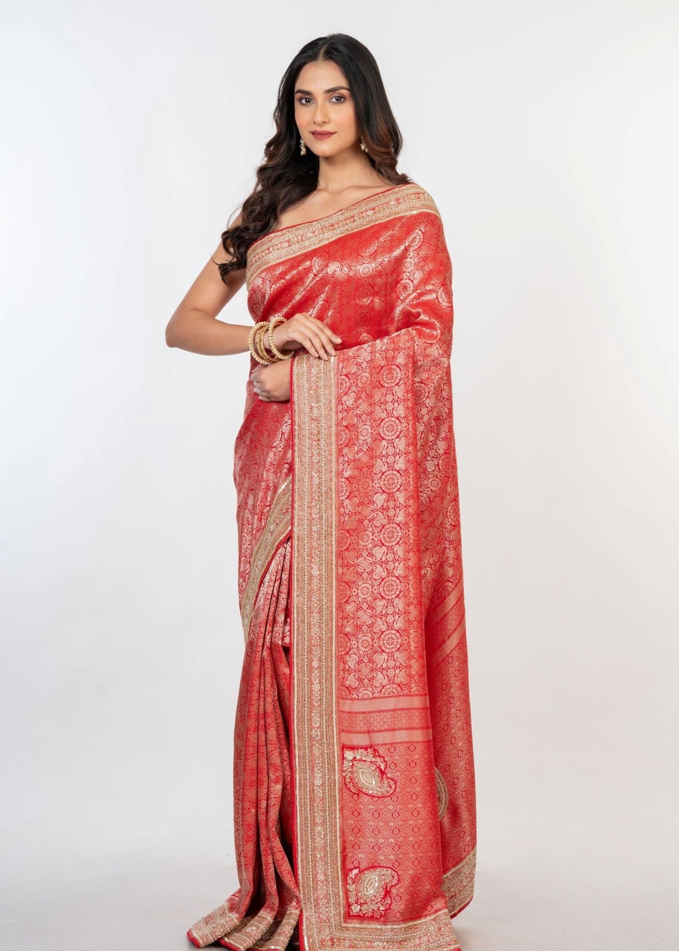 Red Brocade Banarasi Silk Sarees with Hand Embroidered Work - Anvi Couture