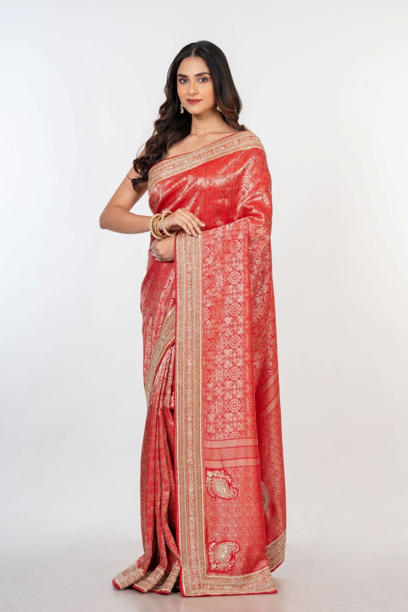 Red Brocade Banarasi Silk Sarees with Hand Embroidered Work - Anvi Couture