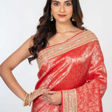 Red Brocade Banarasi Silk Sarees with Hand Embroidered Work - Anvi Couture