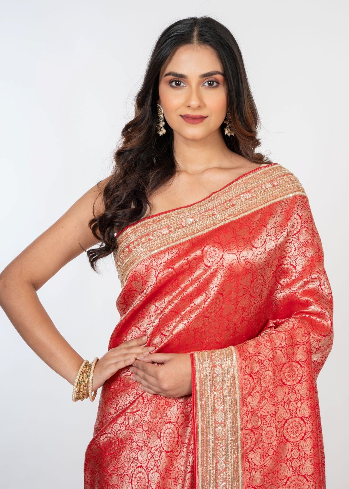 Red Brocade Banarasi Silk Sarees with Hand Embroidered Work - Anvi Couture
