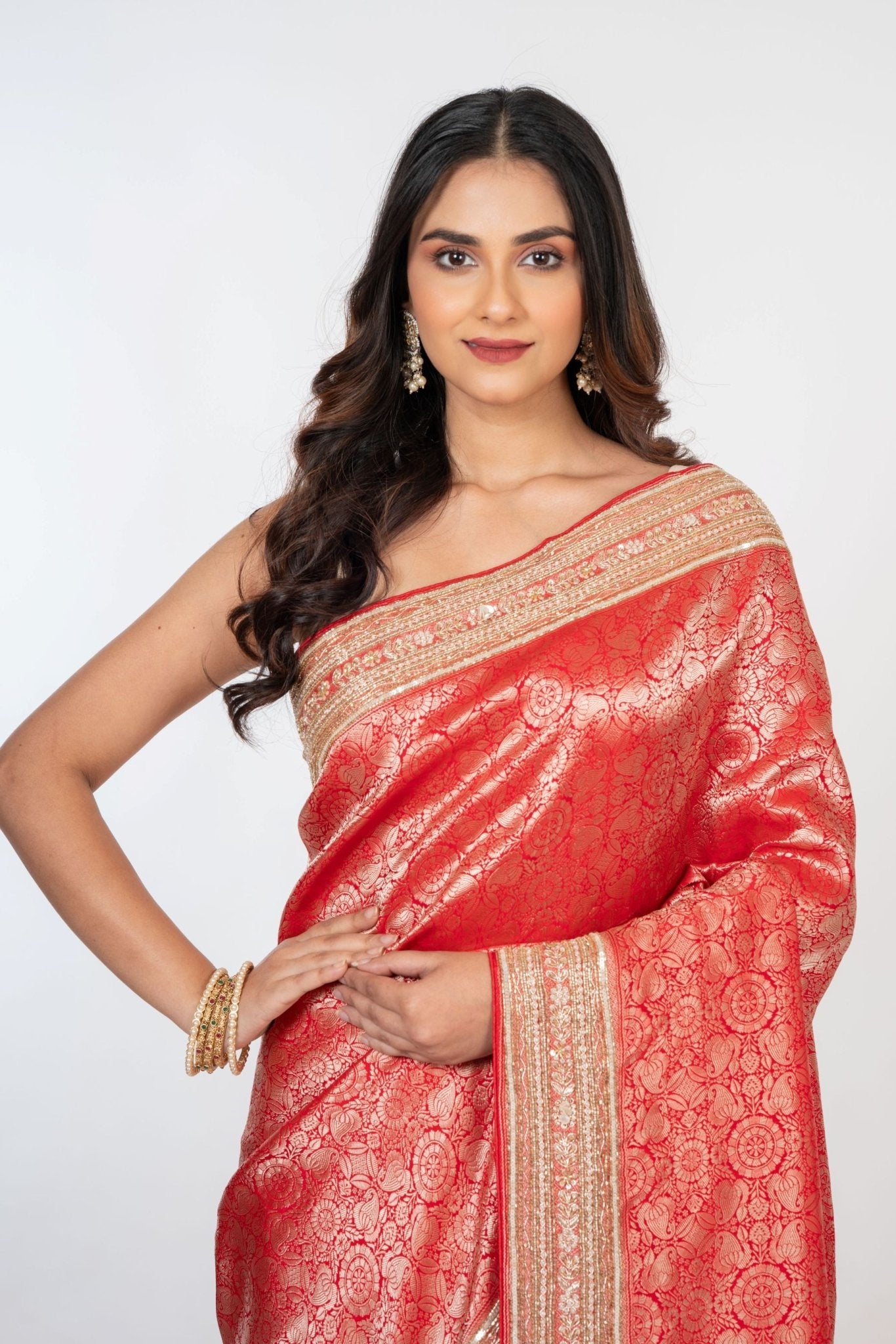 Red Brocade Banarasi Silk Sarees with Hand Embroidered Work - Anvi Couture