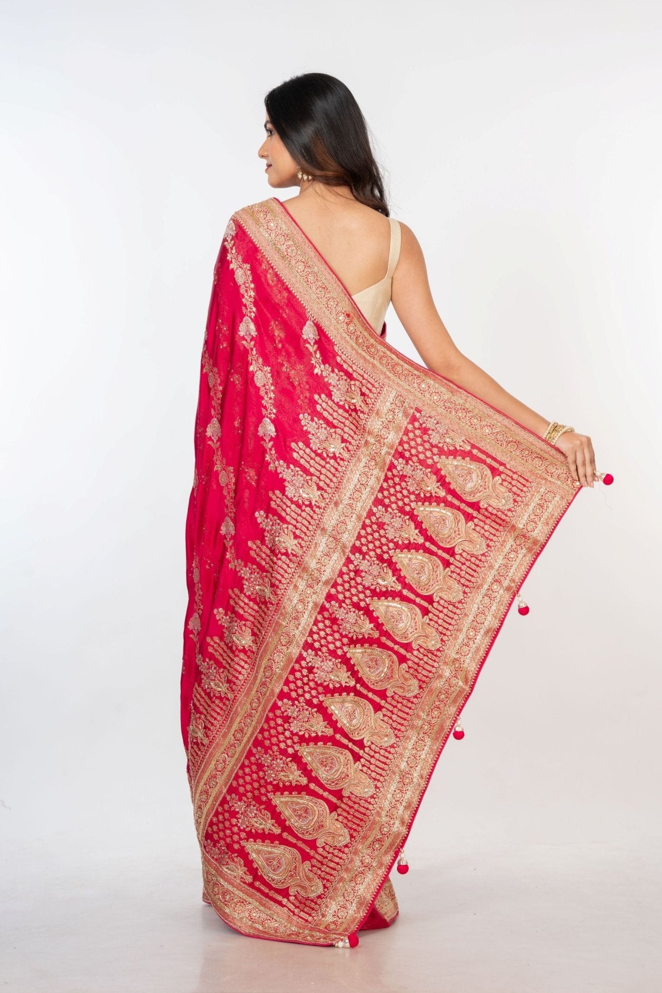 Red Brocade Banarasi Silk Sarees with Hand Embroidered Work - Anvi Couture