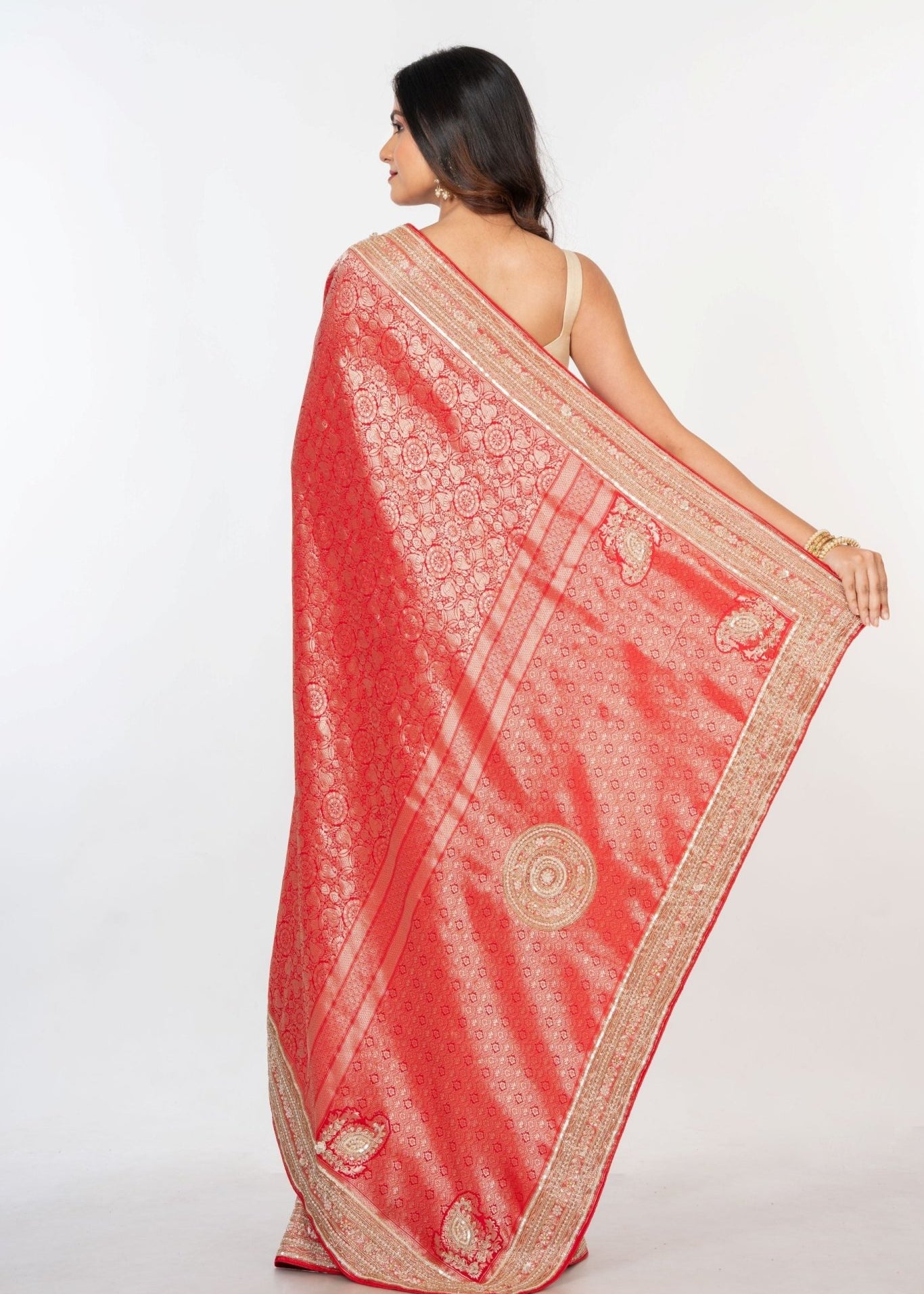 Red Brocade Banarasi Silk Sarees with Hand Embroidered Work - Anvi Couture