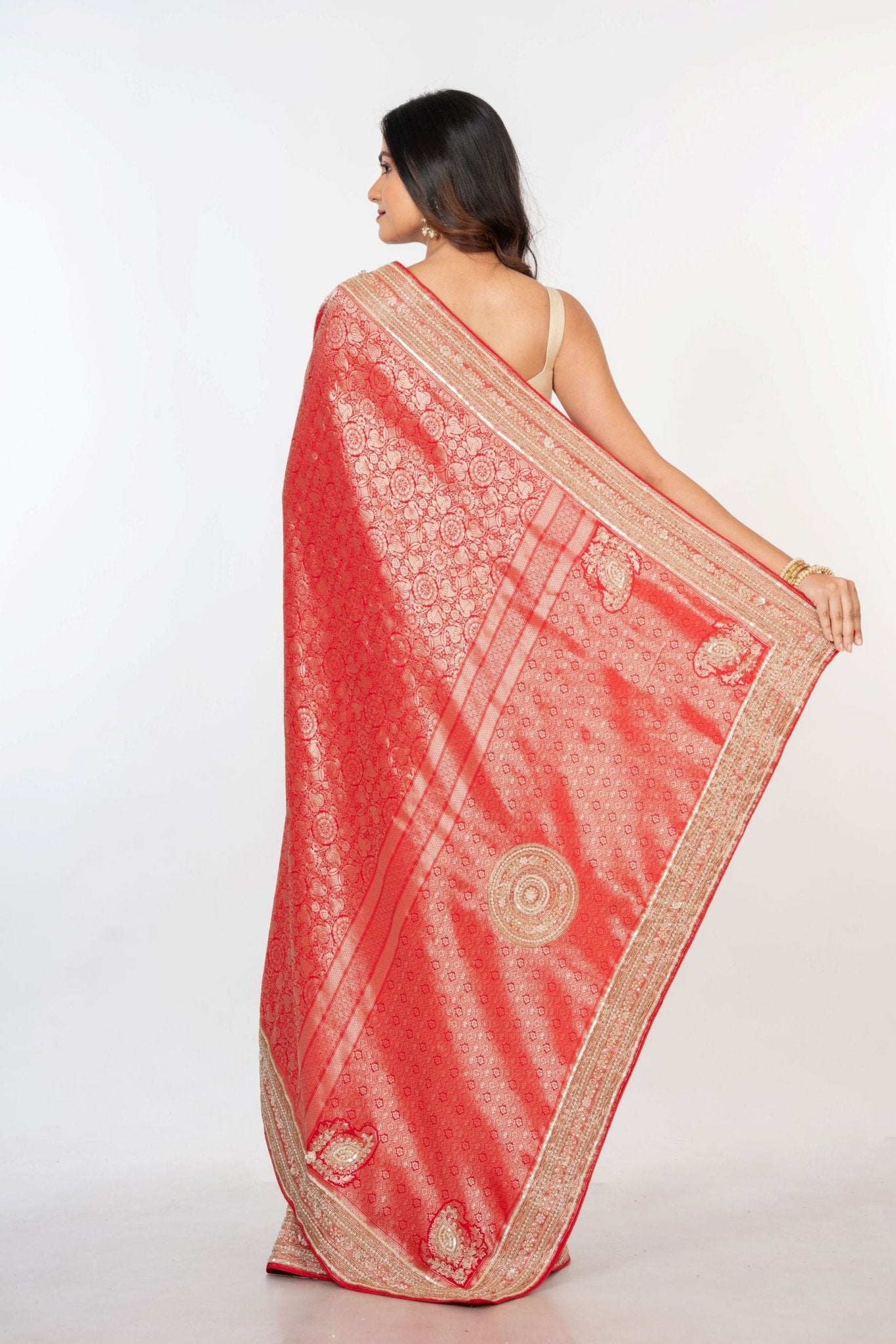 Red Brocade Banarasi Silk Sarees with Hand Embroidered Work - Anvi Couture