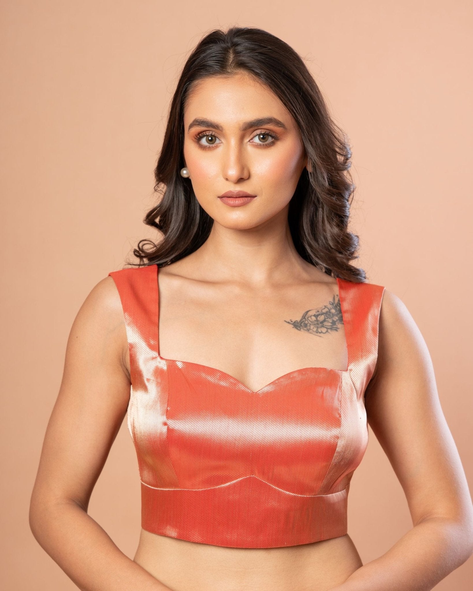 Red Brocade Blouse With Sweetheart Neckline and Back Closure - Anvi Couture
