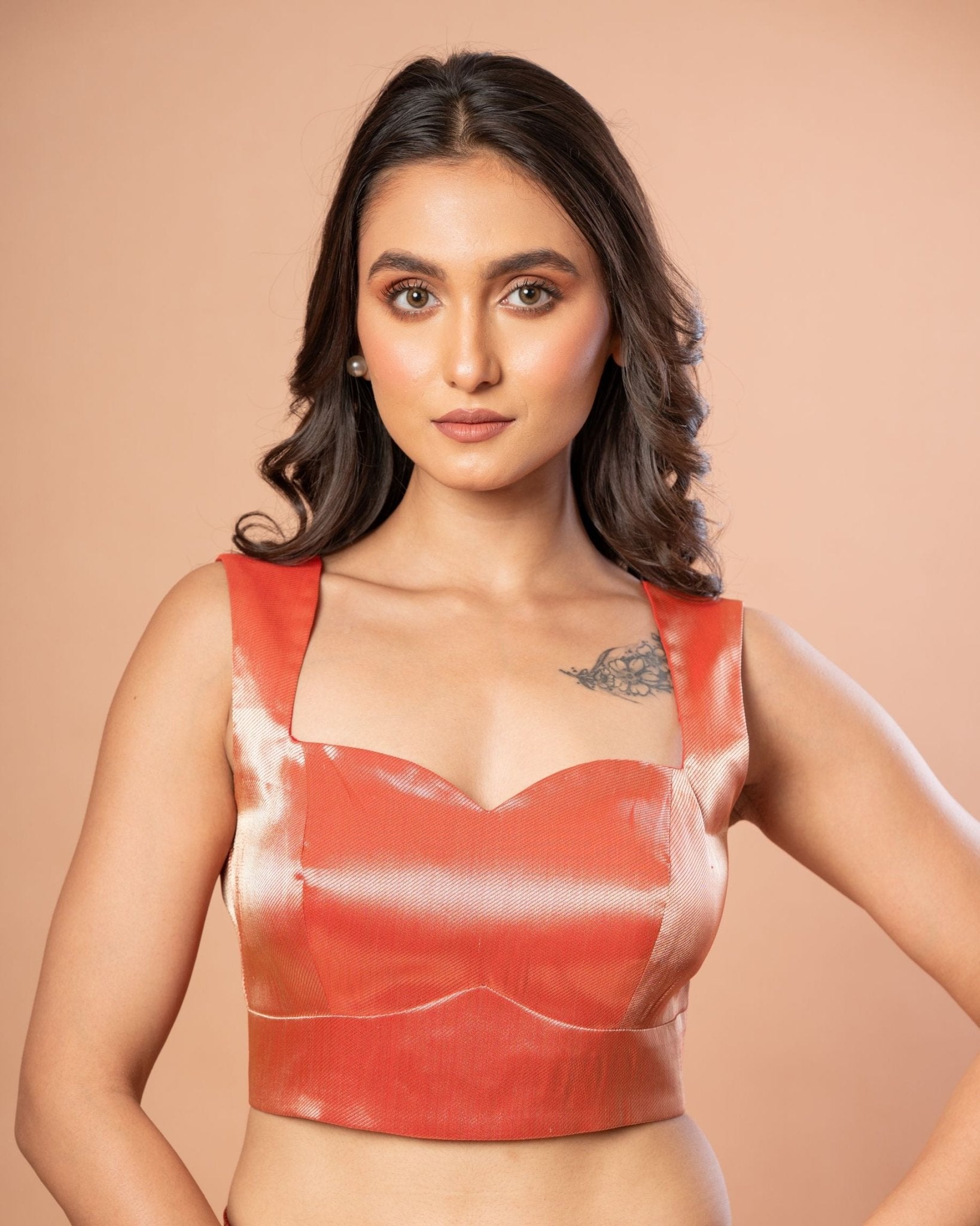 Red Brocade Blouse With Sweetheart Neckline and Back Closure - Anvi Couture