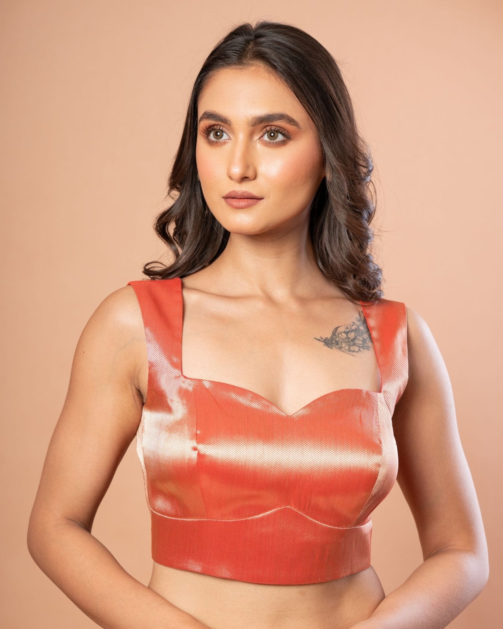 Red Brocade Blouse With Sweetheart Neckline and Back Closure - Anvi Couture