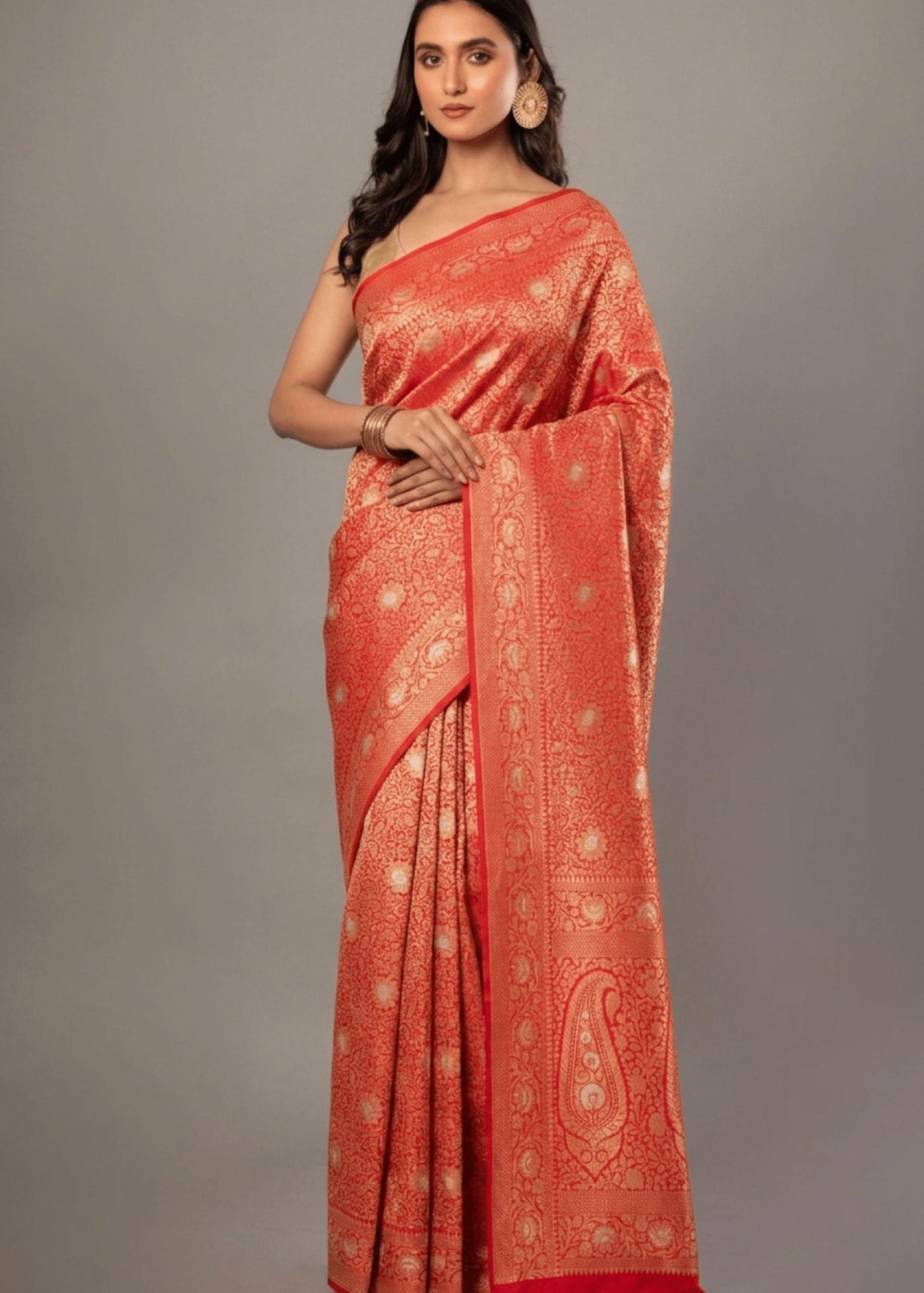 Red Brocade Katan Banarasi Saree - Anvi Couture