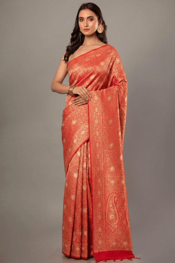 Red Brocade Katan Banarasi Saree - Front 1