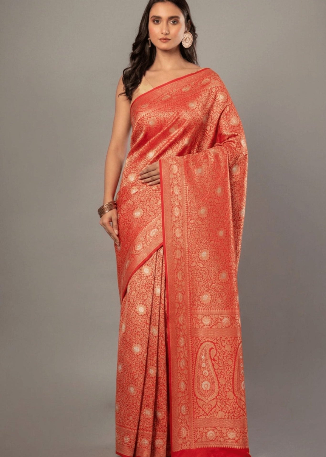 Red Brocade Katan Banarasi Saree - Anvi Couture
