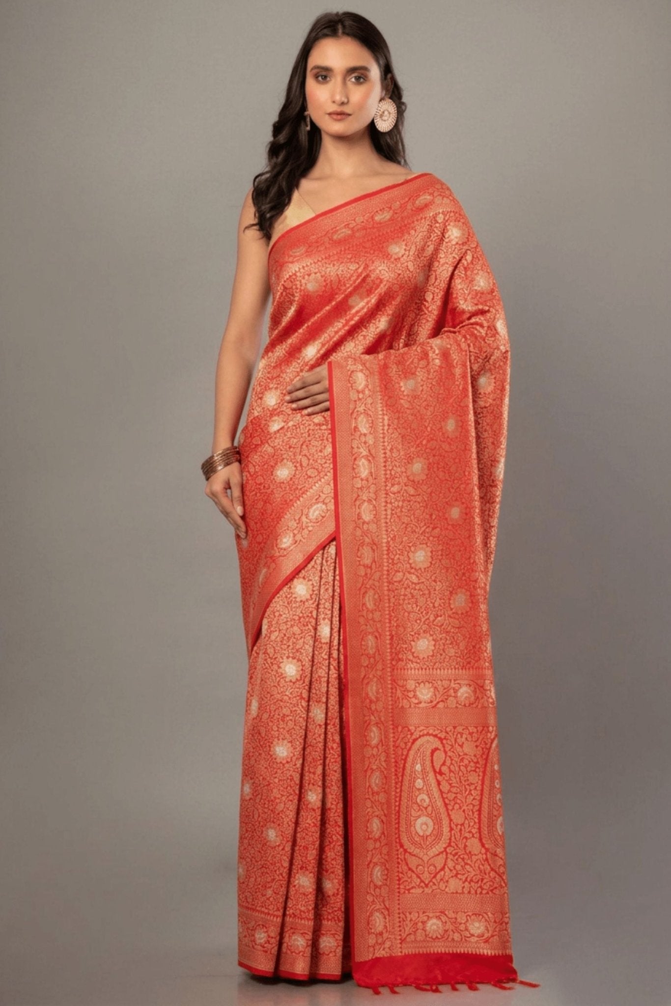 Red Brocade Katan Banarasi Saree - Anvi Couture