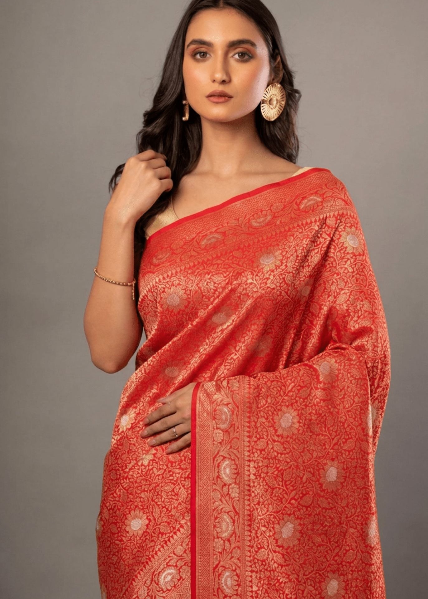Red Brocade Katan Banarasi Saree - Anvi Couture