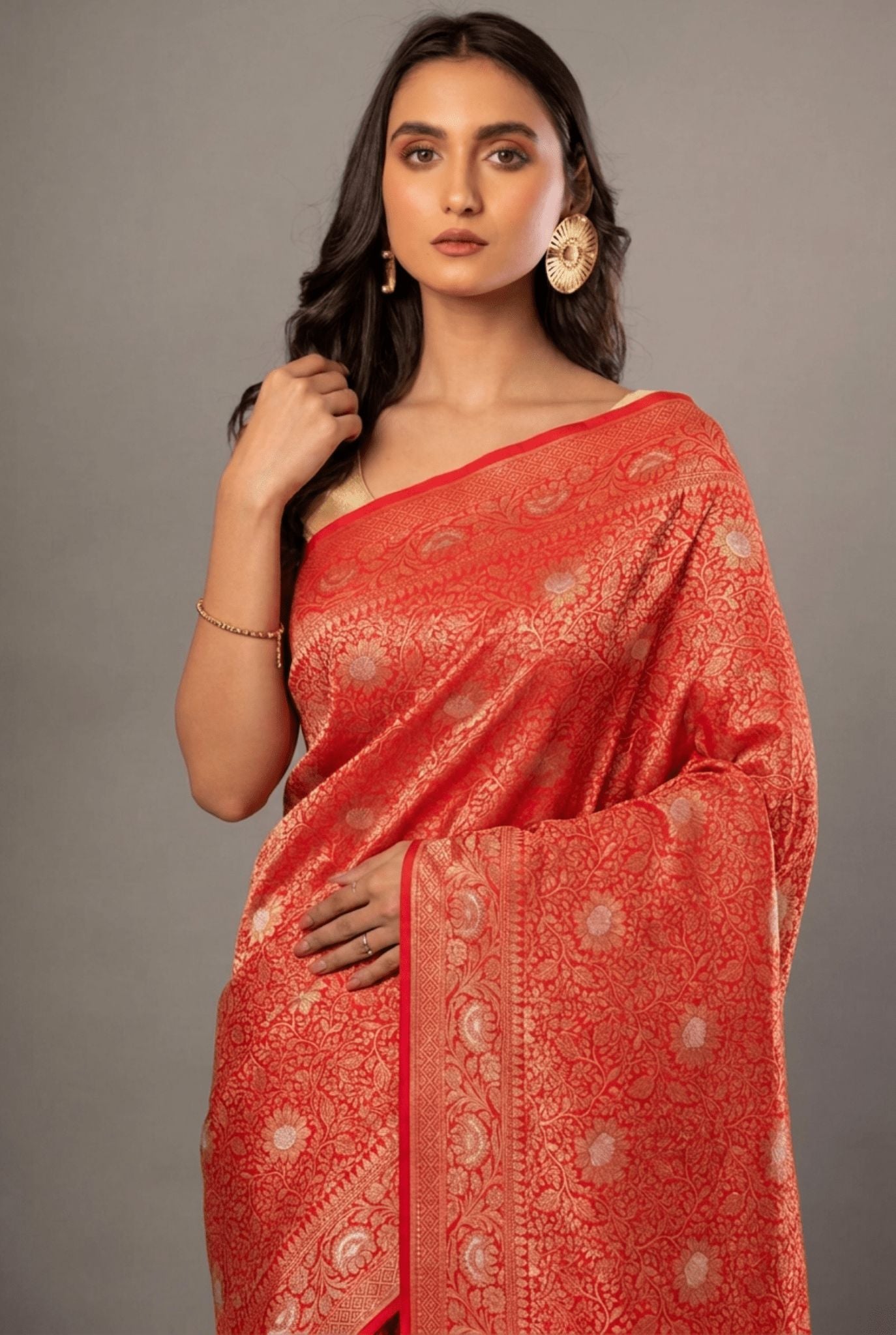 Red Brocade Katan Banarasi Saree - Anvi Couture