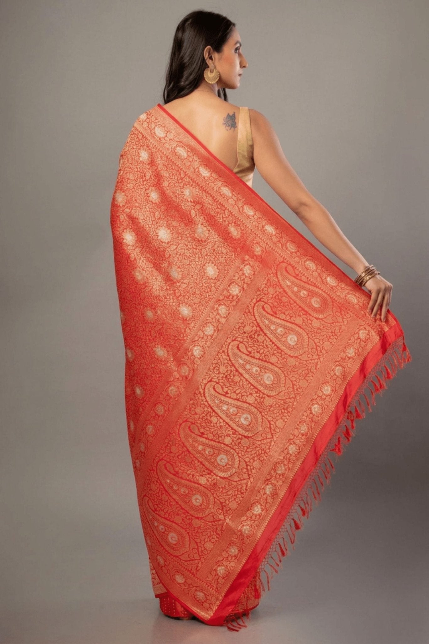 Red Brocade Katan Banarasi Saree - Anvi Couture