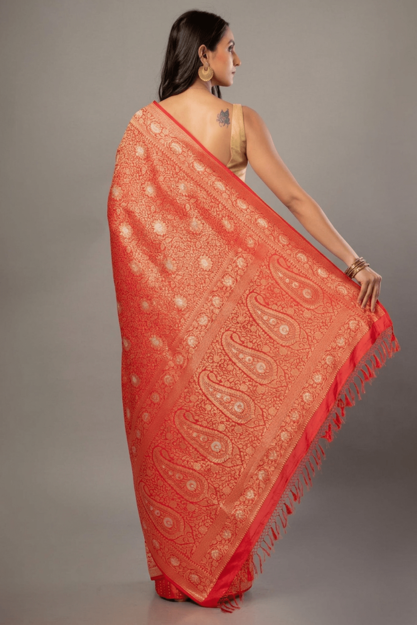 Red Brocade Katan Banarasi Saree - Back