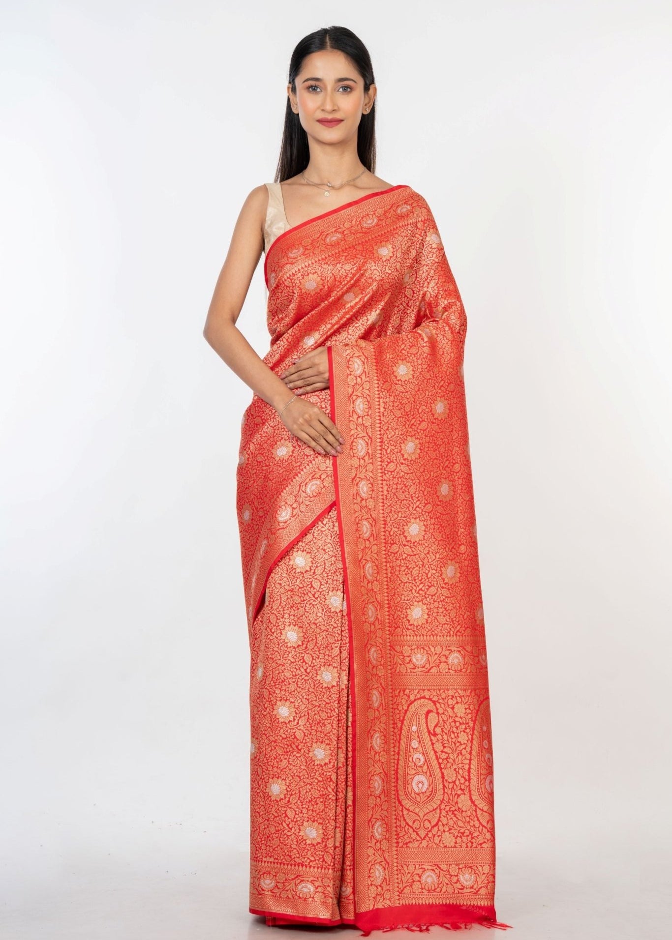 Red Brocade Katan Banarasi Saree - Anvi Couture