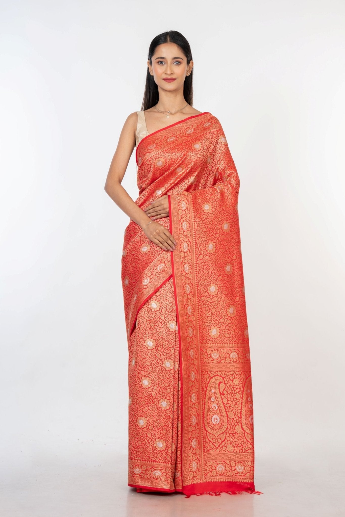 Red Brocade Katan Banarasi Saree Full
