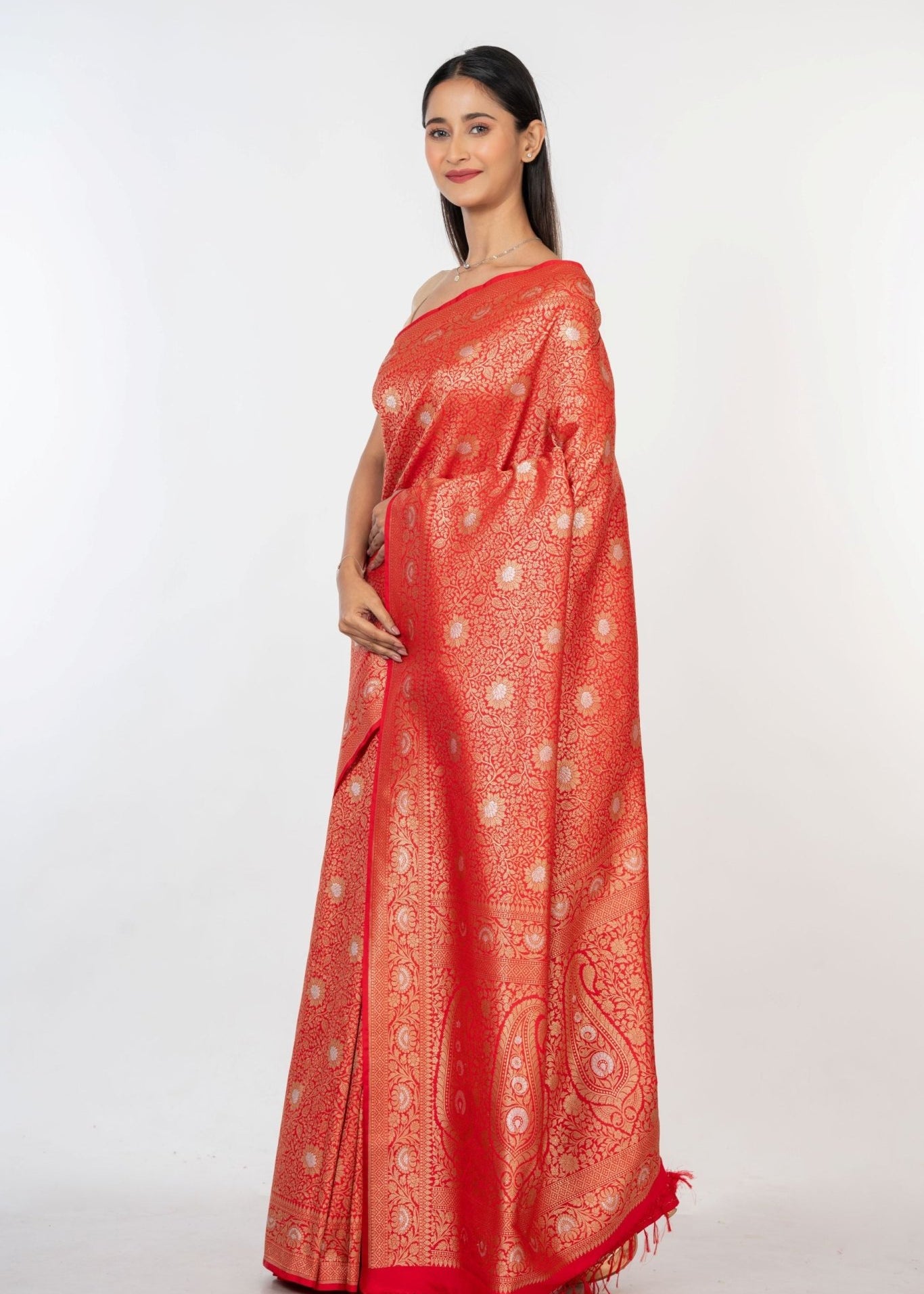Red Brocade Katan Banarasi Saree - Anvi Couture