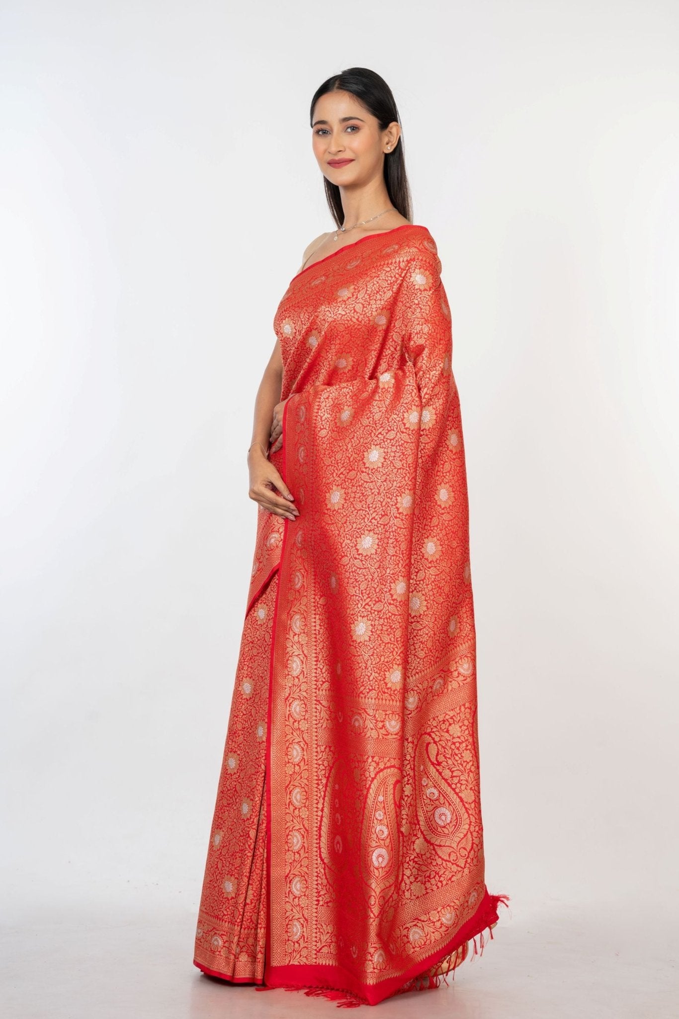 Red Brocade Katan Banarasi Saree Front
