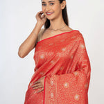 Red Brocade Katan Banarasi Saree Close Up
