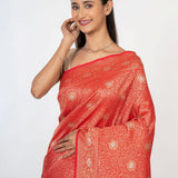 Red Brocade Katan Banarasi Saree Close Up
