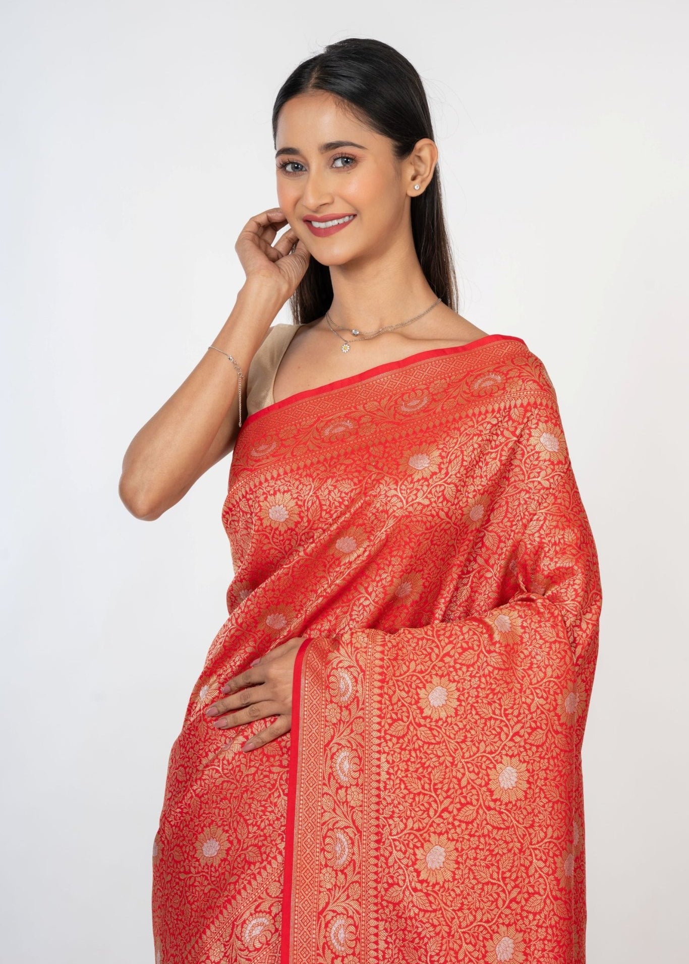 Red Brocade Katan Banarasi Saree - Anvi Couture