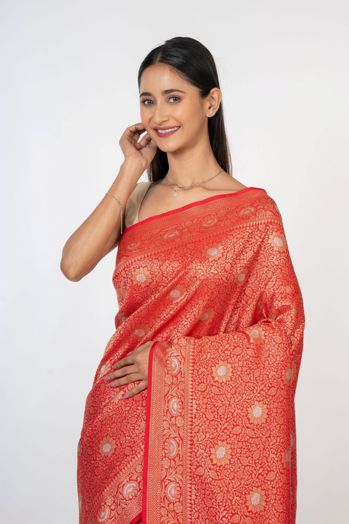 Red Brocade Katan Banarasi Saree Close Up

