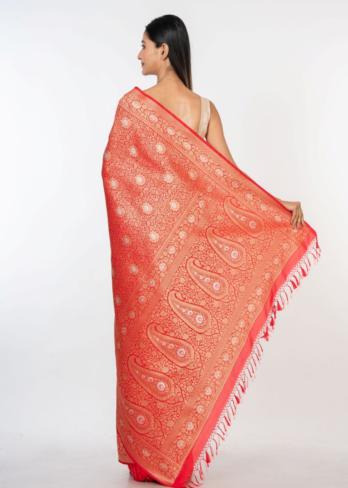 Red Brocade Katan Banarasi Saree - Anvi Couture