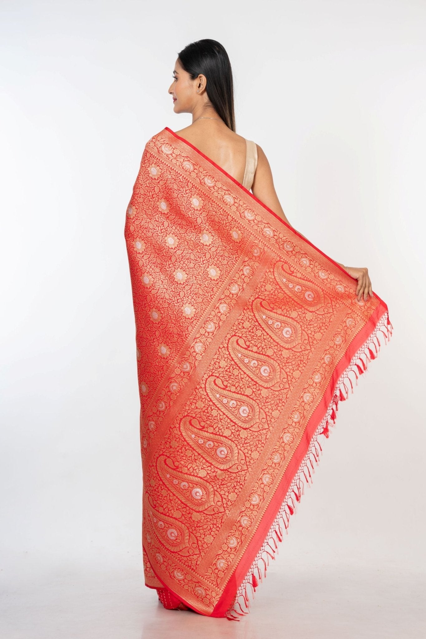 Red Brocade Katan Banarasi Saree Back
