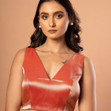 Red Brocade Silk Sleeveless Blouse with V Neckline - Anvi Couture