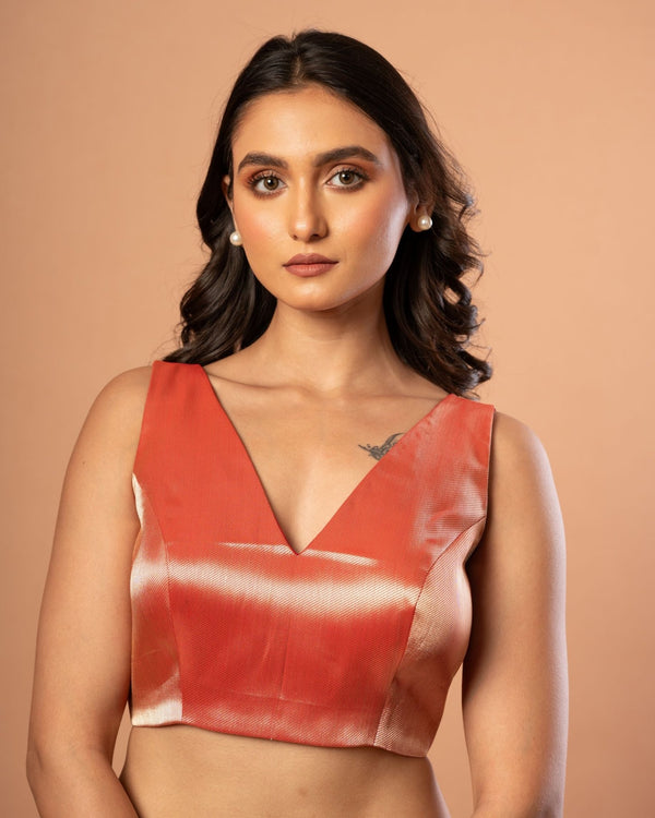 Red Brocade Silk Sleeveless Blouse with V Neckline - Front 1