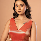 Red Brocade Silk Sleeveless Blouse with V Neckline - Anvi Couture