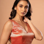 Red Brocade Silk Sleeveless Blouse with V Neckline - Anvi Couture
