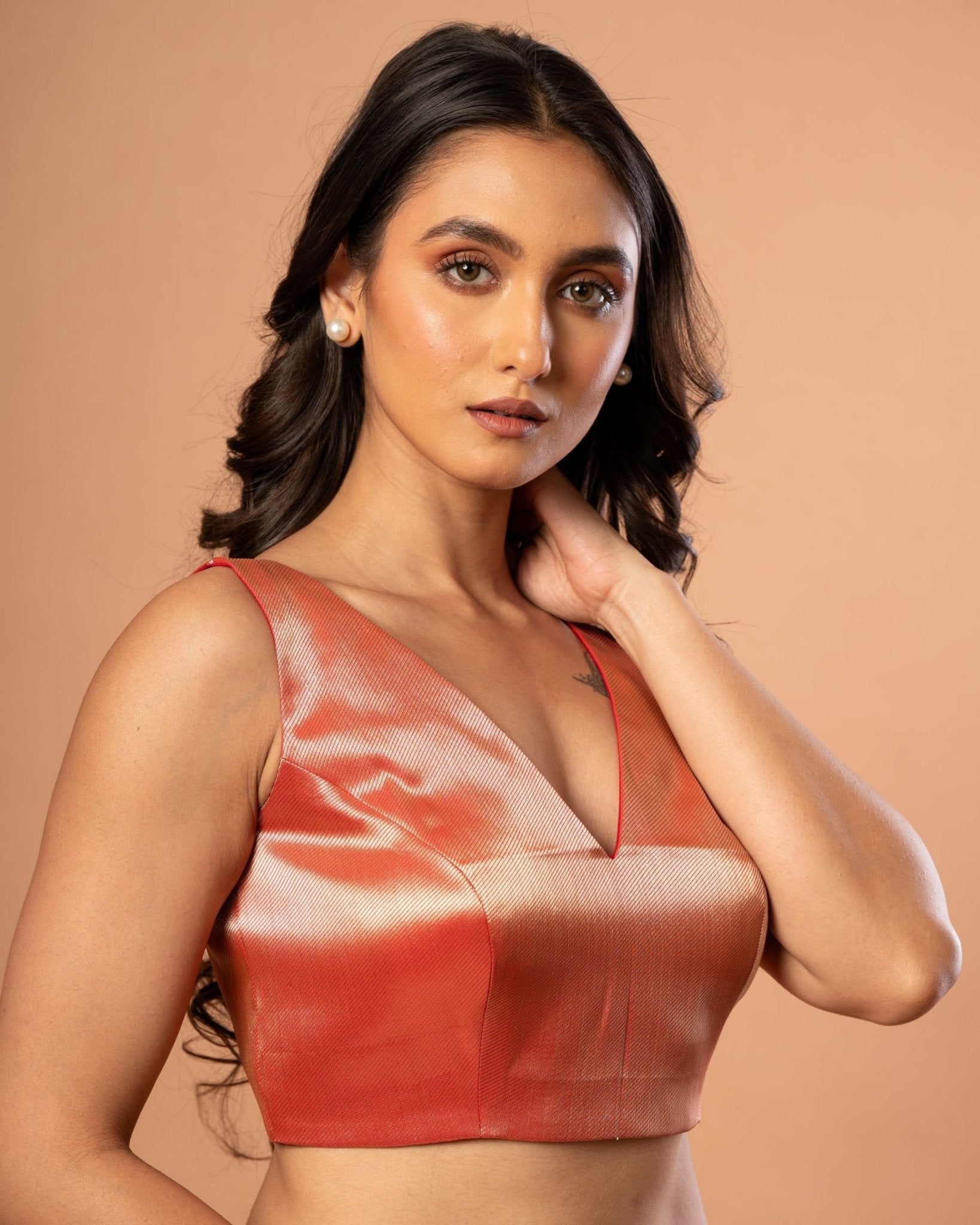 Red Brocade Silk Sleeveless Blouse with V Neckline - Anvi Couture