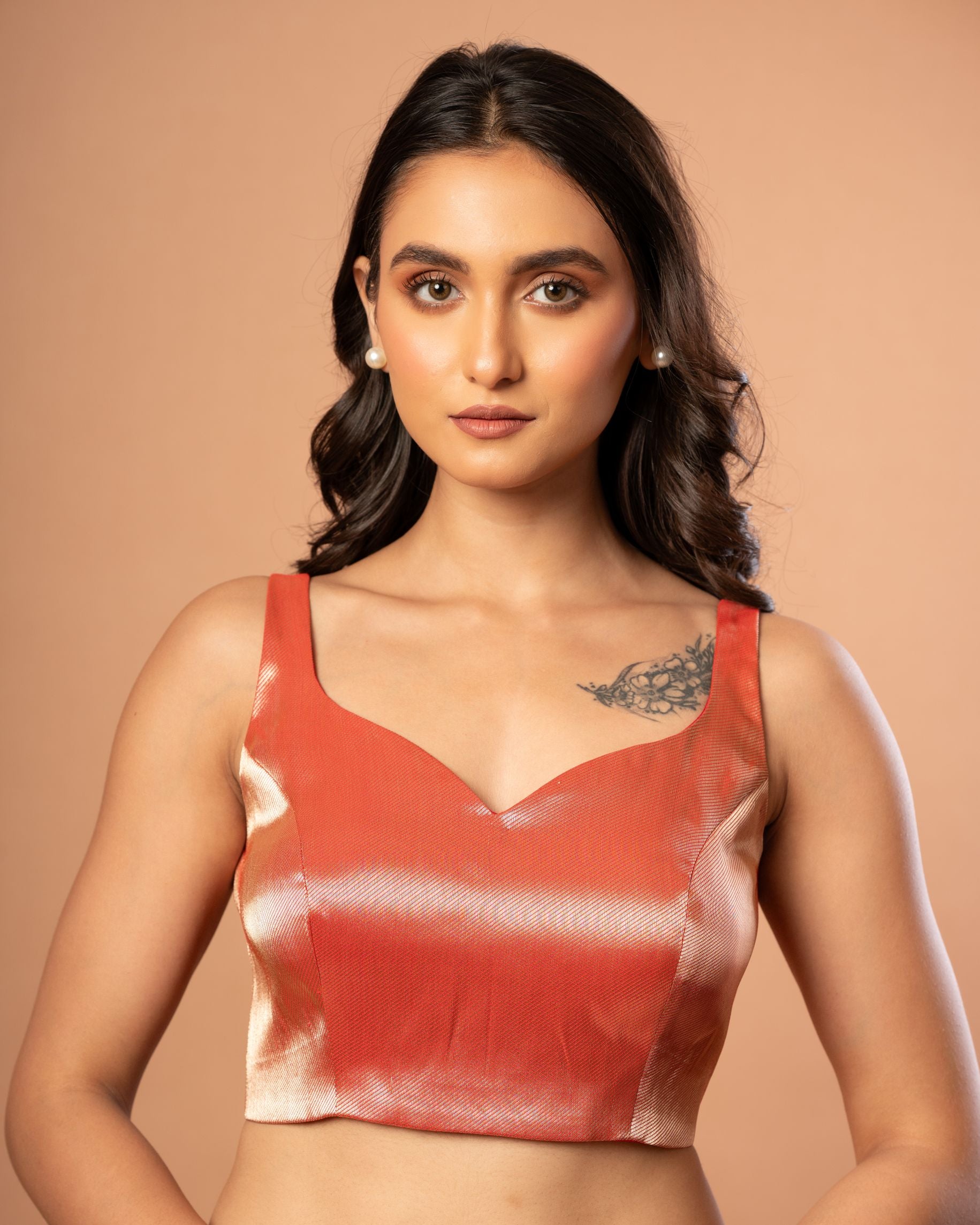 Red Brocade Sleeveless Blouse with Sweetheart Neckline
