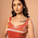 Red Brocade Sleeveless Blouse with Sweetheart Neckline - Anvi Couture