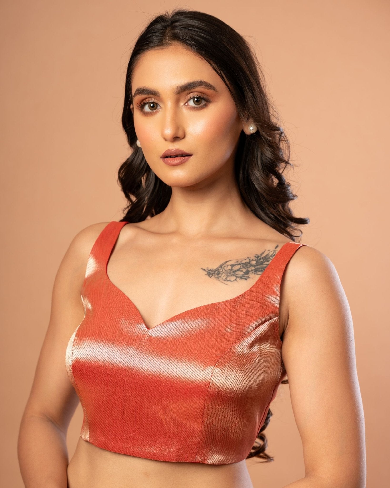 Red Brocade Sleeveless Blouse with Sweetheart Neckline - Anvi Couture