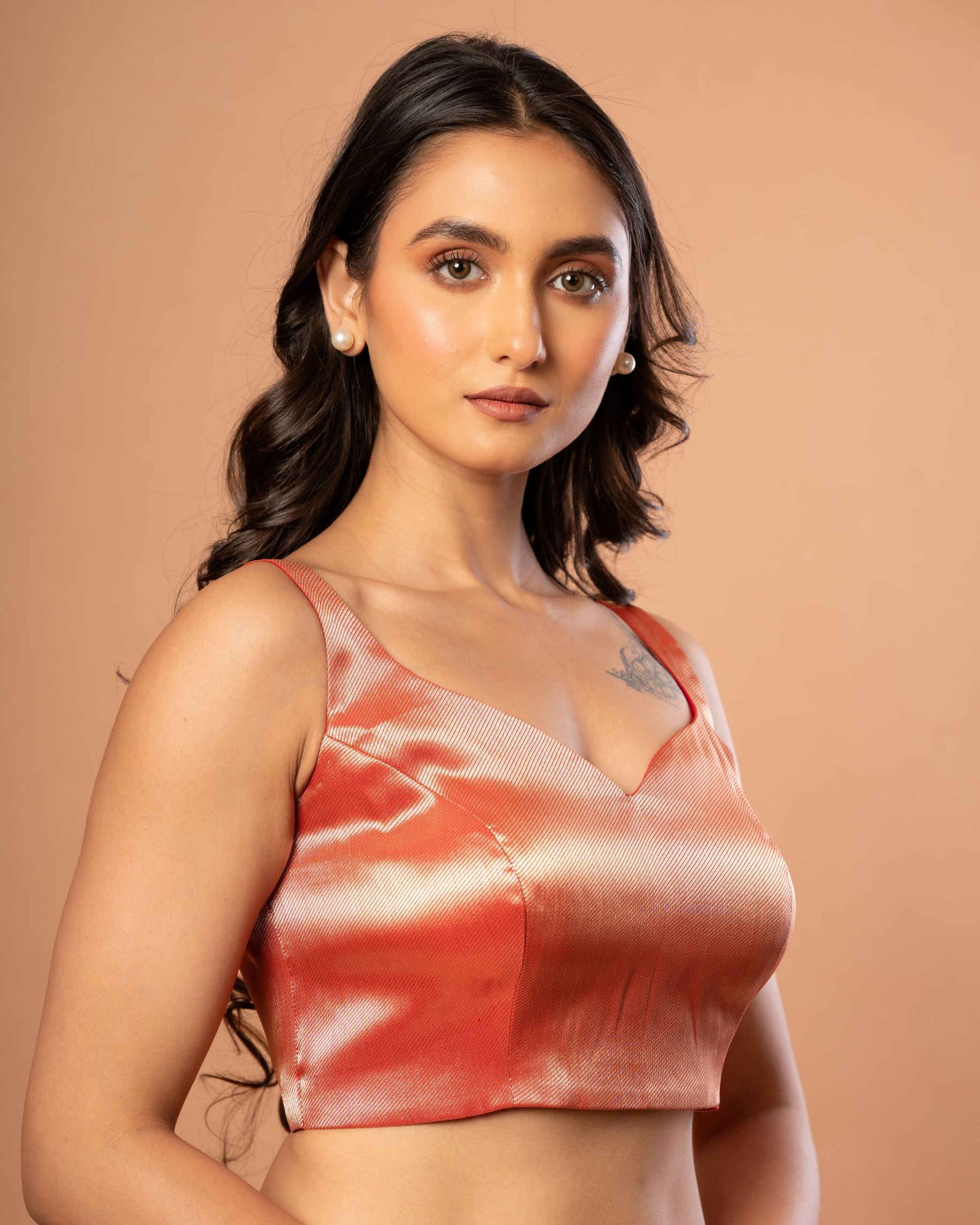 Red Brocade Sleeveless Blouse with Sweetheart Neck
