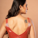 Red Brocade Sleeveless Blouse with Sweetheart Neckline - Anvi Couture