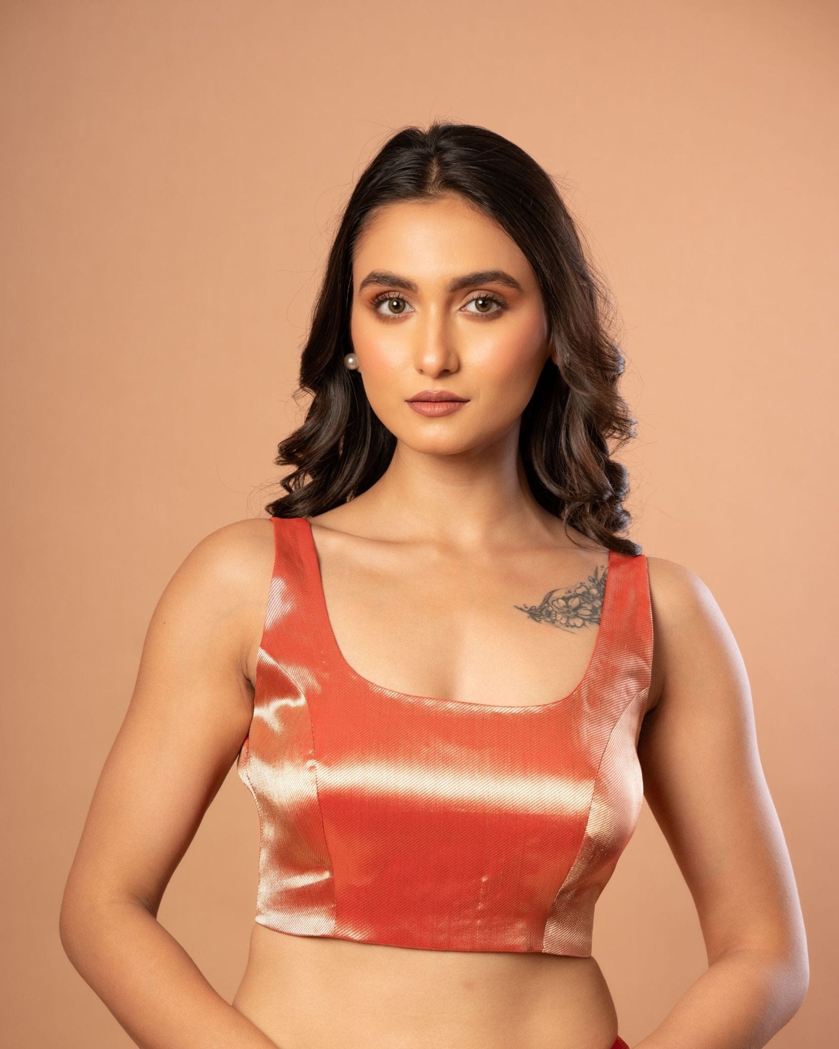 Red Brocade U Neckline Sleeveless Blouse - Anvi Couture