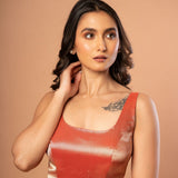 Red Brocade U Neckline Sleeveless Blouse - Anvi Couture