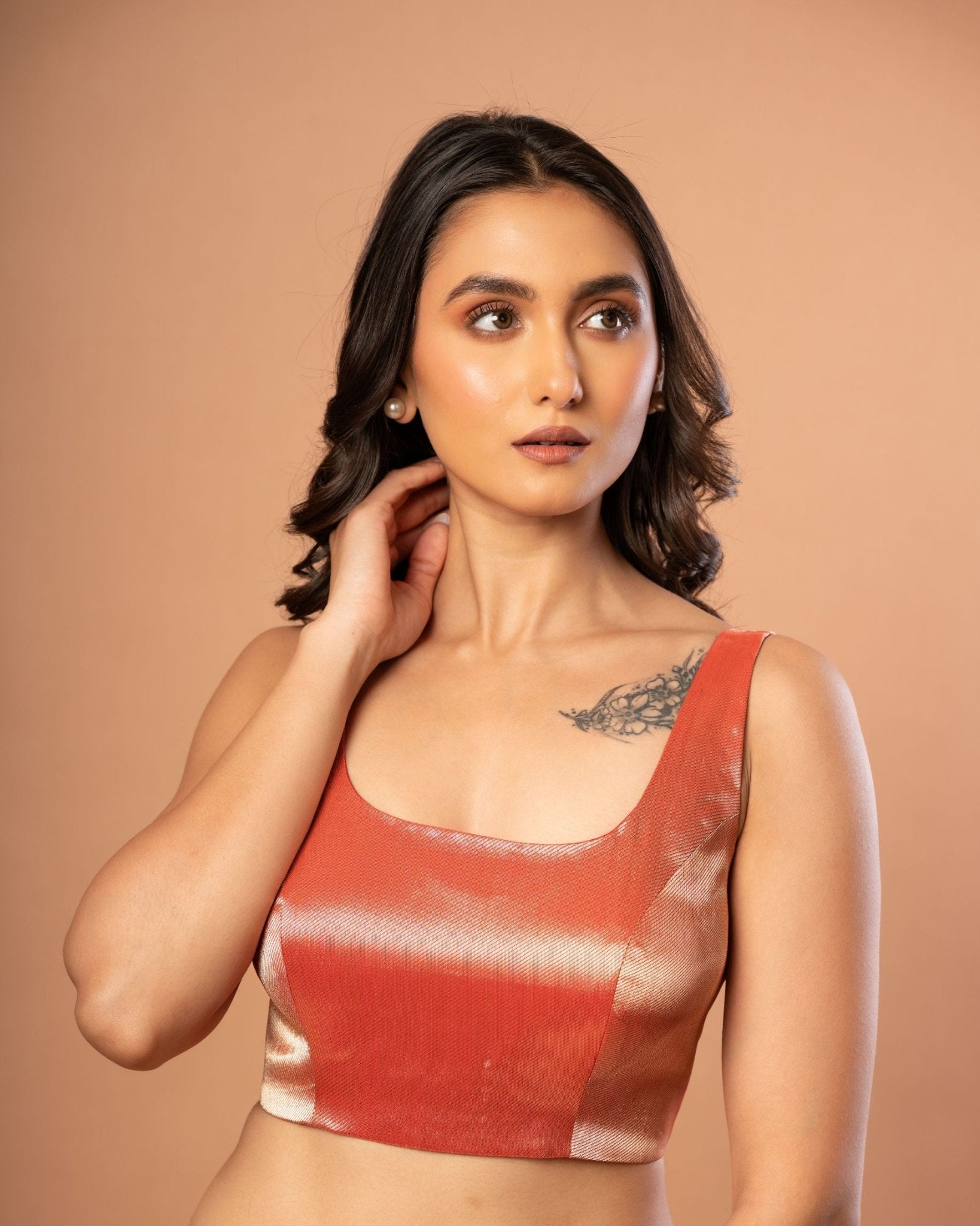 Red Brocade U Neckline Sleeveless Blouse - Anvi Couture