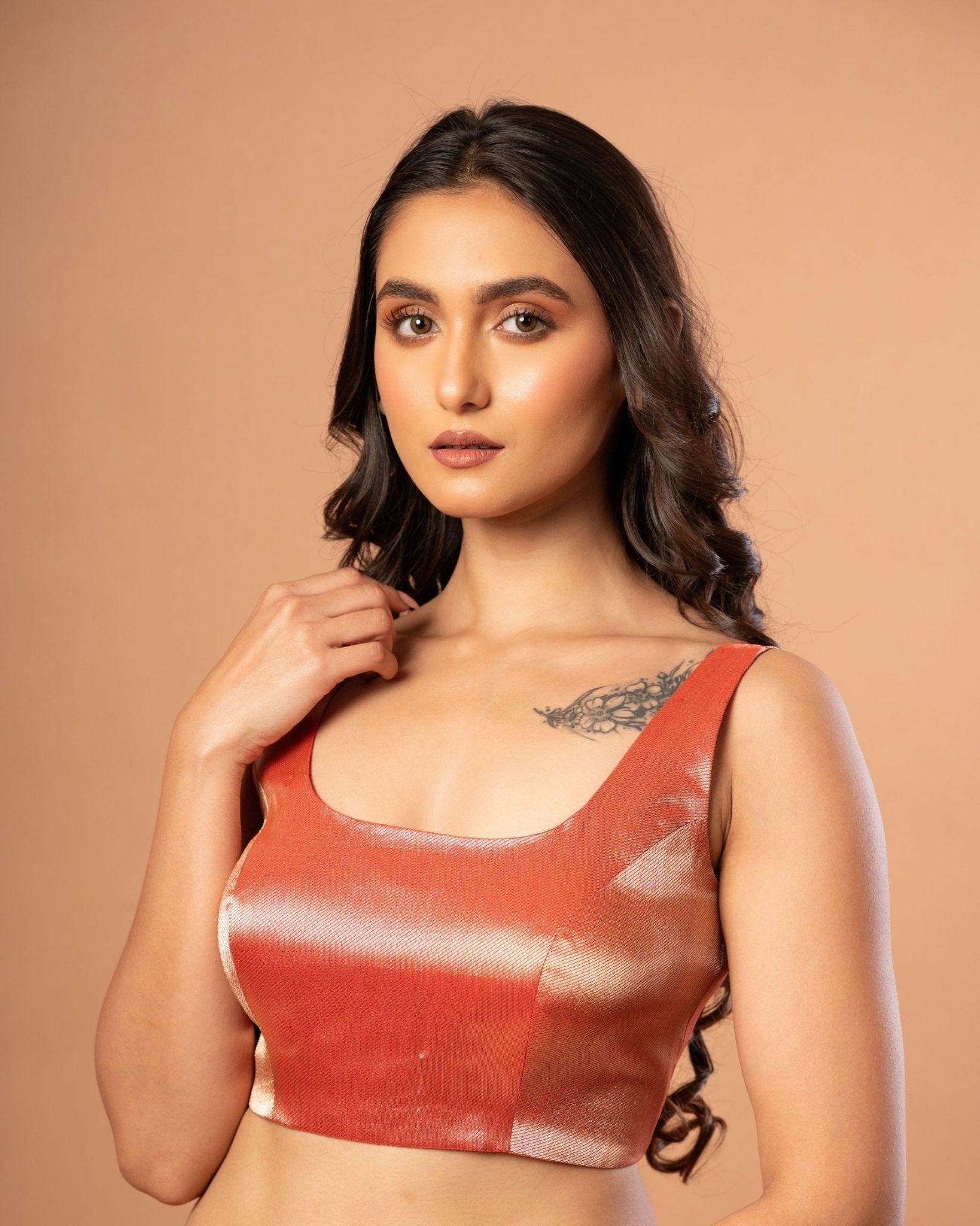 Red Brocade U Neckline Sleeveless Blouse - Anvi Couture